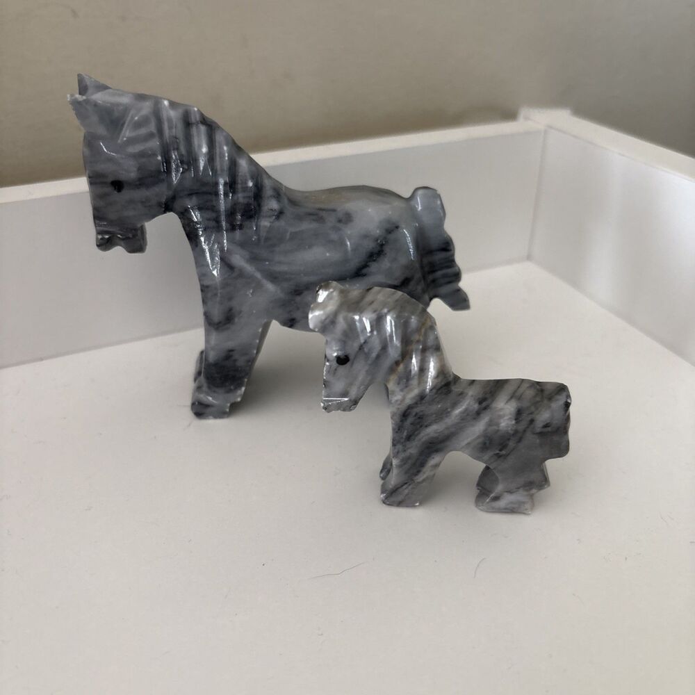 Vintage Hand Carved Gray Marble Zebra Figurine Miniature Set of 2